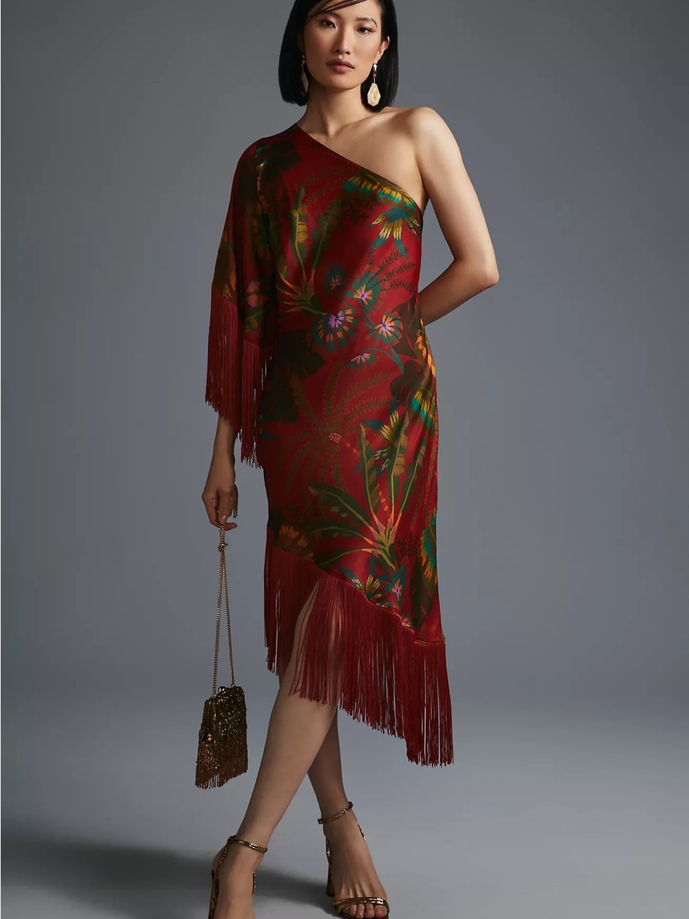 Farm Rio NWT One-Shoulder Fringe Midi Dress Floral Muted Red Asymmetric Size XS